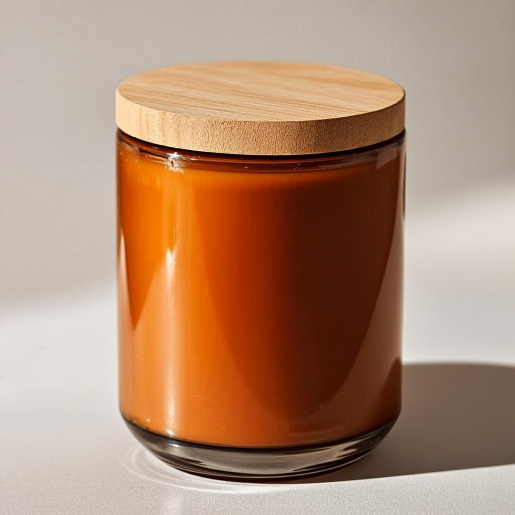 شمع معطر در شیشه کهربایی با درب چوبی